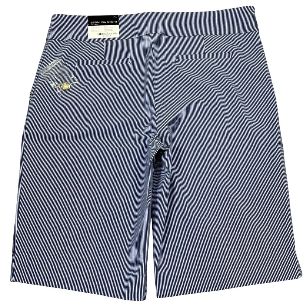Liz Claiborne Bermuda Shorts XL Blue White Stripe Gold Button Nautical Pull-On